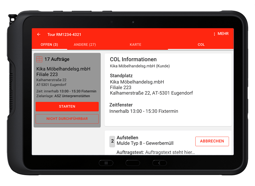 Tablet mit MOM-Anwendung zur digitalen Auftragsbearbeitung